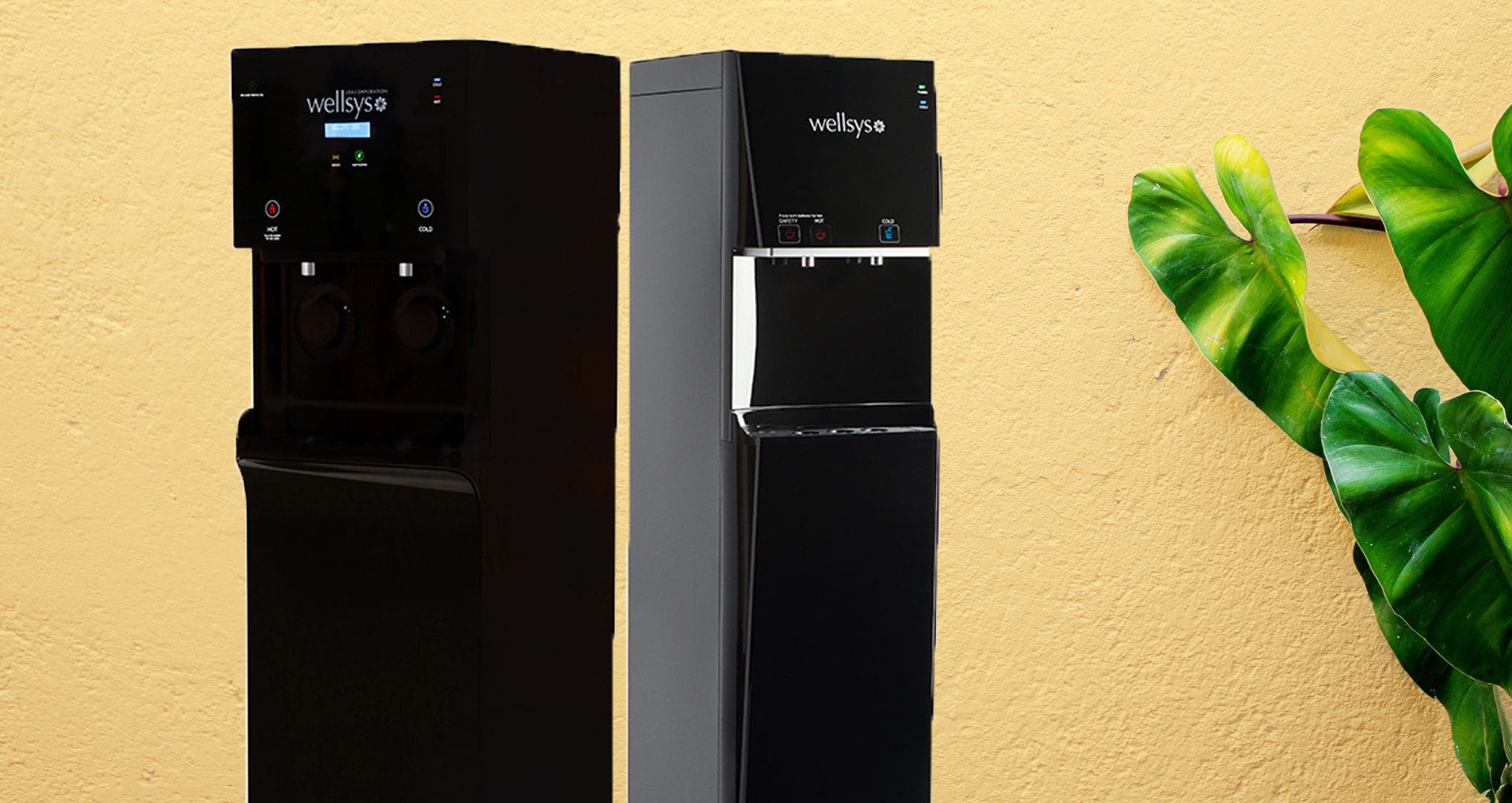 two water coolers standing side by side