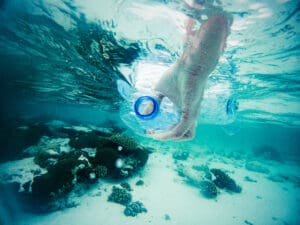 plastic garbage polluting the ocean close up of hand collecting plastic bottle from the ocean