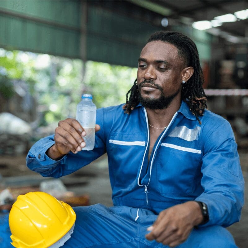 Tired warehouse worker hydrating with a plastic water bottle
